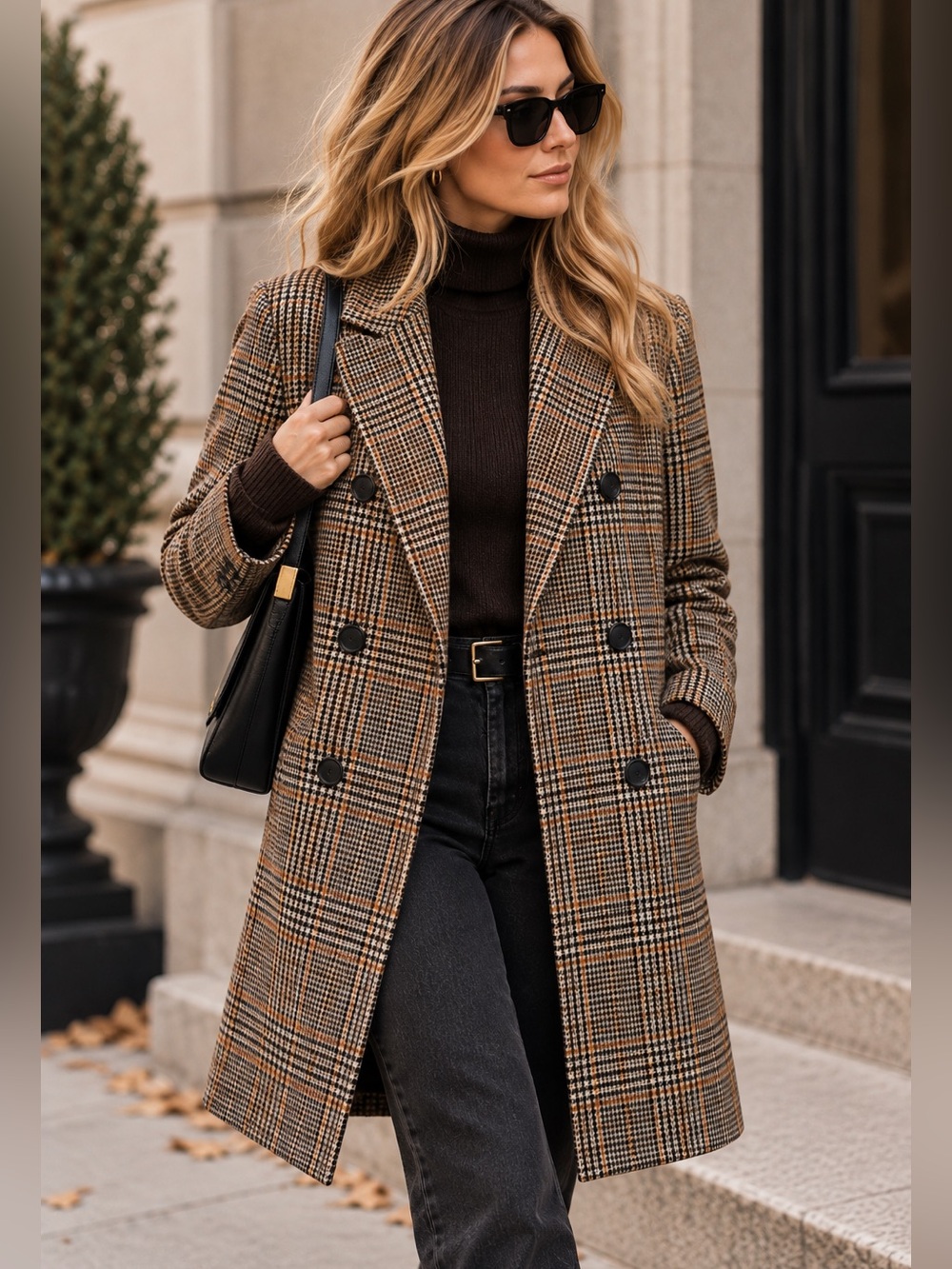 Zara Brown Plaid Double Breasted Long Blazer Coat XS
